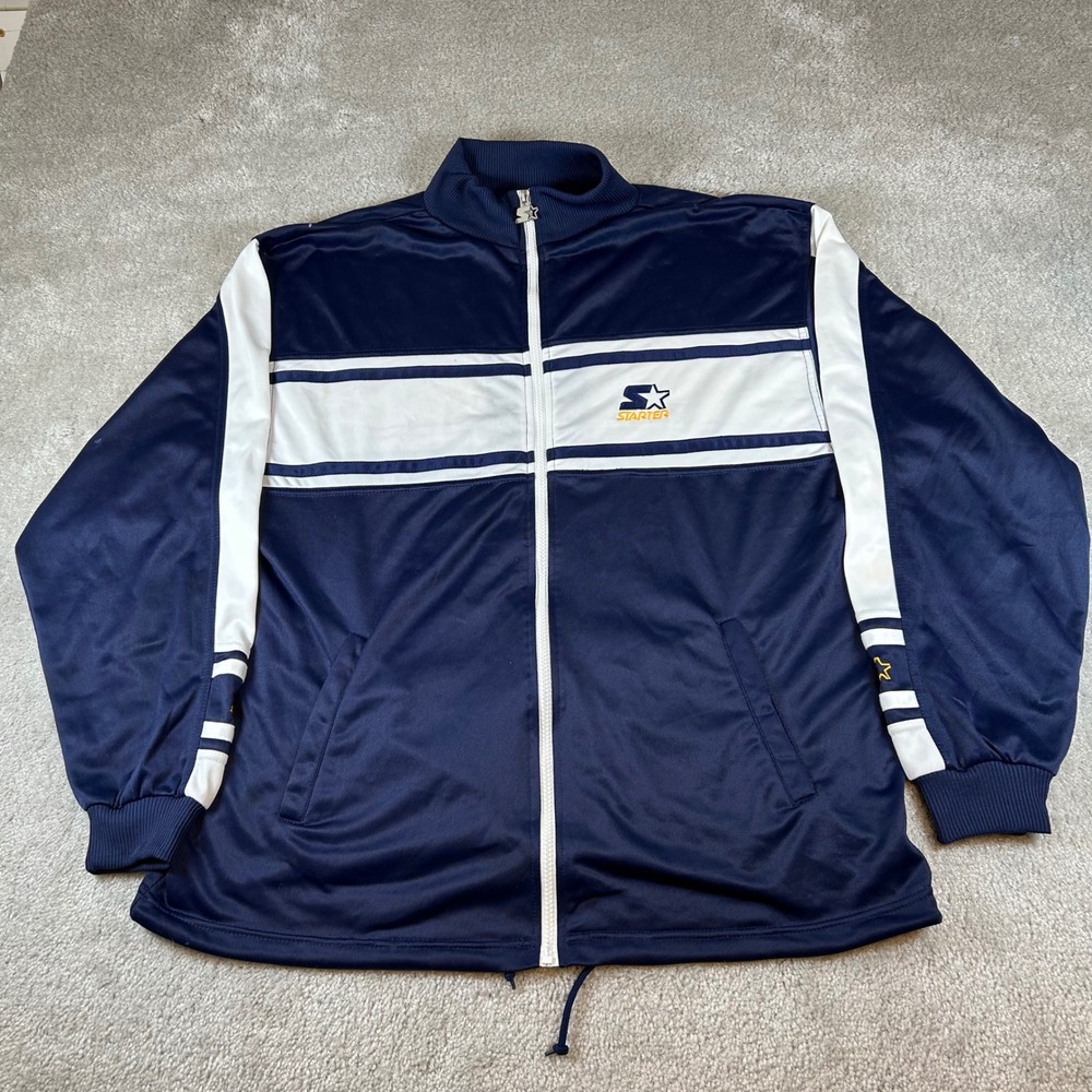VTG Starter Track Jacket Mens XL Navy Blue White Colorblock Full Zip Embroidered